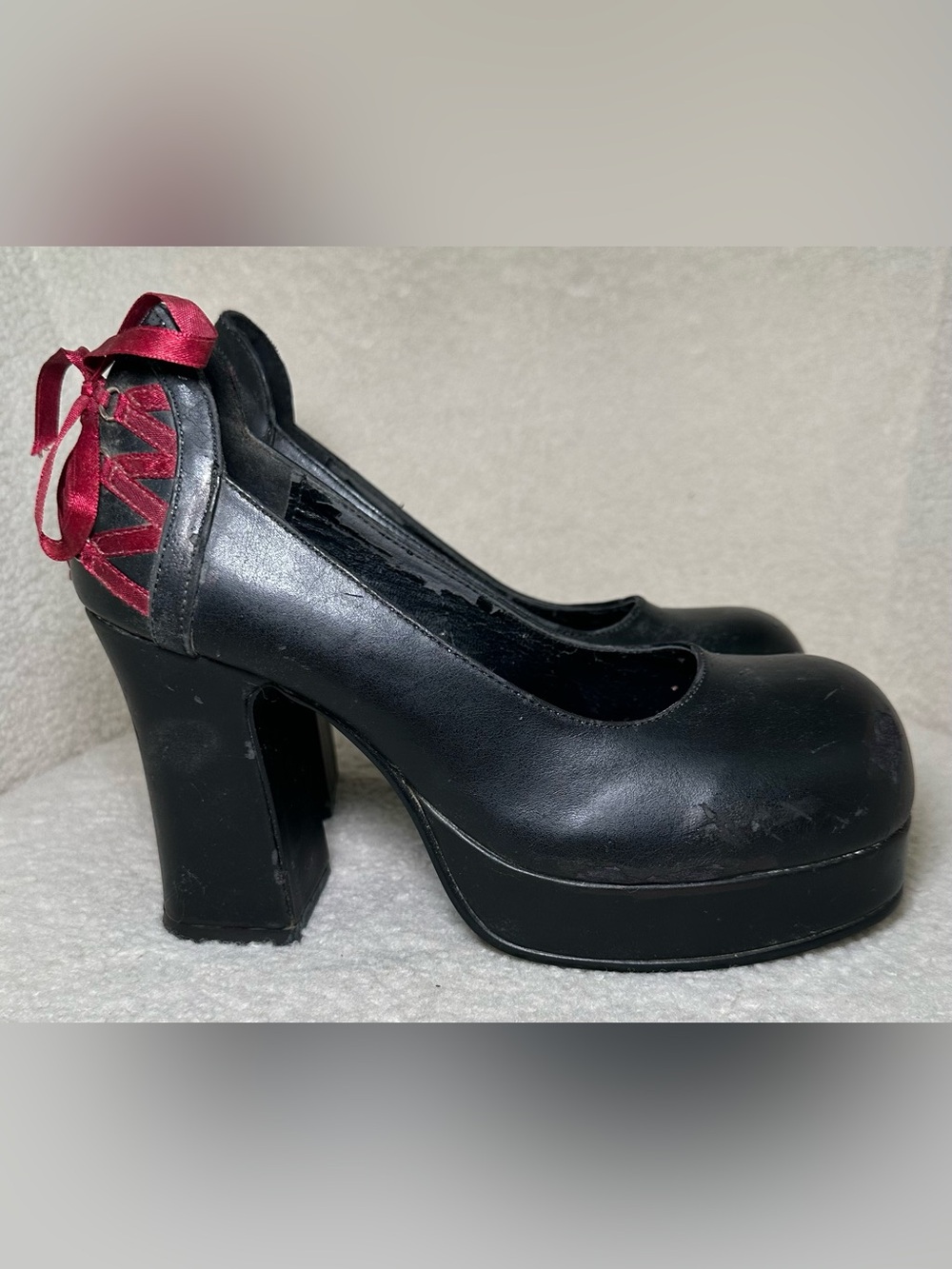 VTG Hot Topic Gothika Black Platform Heels Red Ribbon Lace Back Goth Punk Y2K 8